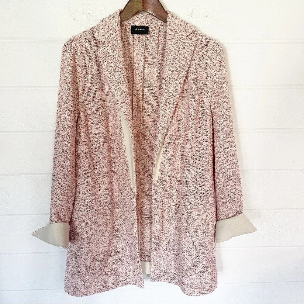 EUC Akris Punto Light Open Front Red White Speckled Textured Weave Blazer Sz 10 - Picture 1 of 13